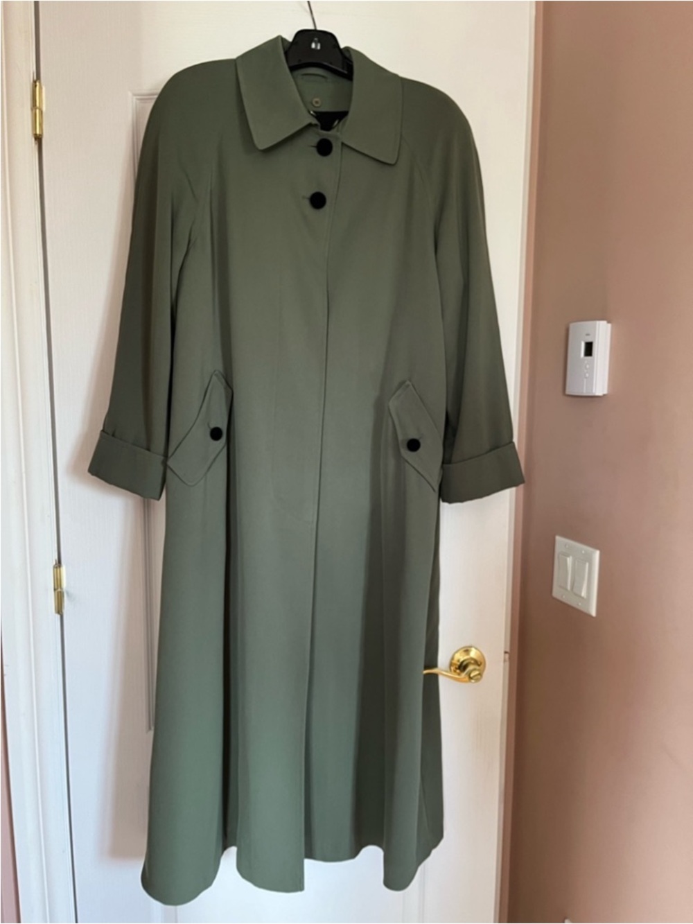 Utex Olive Green Long Sleeve Midi Coat with Button Details